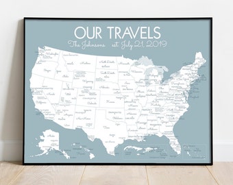 Personalized US Travel Map Print | United States Pin Map | Where We've Been Map | Wedding Gift for Newlyweds - First Year Paper Anniversary