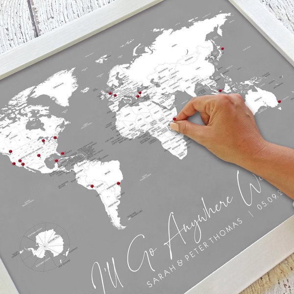 Personalized World Map Poster | Couples Travel Map Print Wedding Gift, Family Vacation | I'll Go Anywhere With You | Unframed Wall Decor