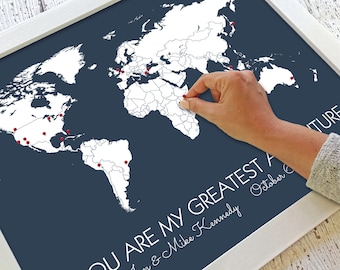 Personalized World Map Poster - You Are My Greatest Adventure, Unframed Travel Map Print, Opt. Pins | First Wedding Anniversary Gift for Him