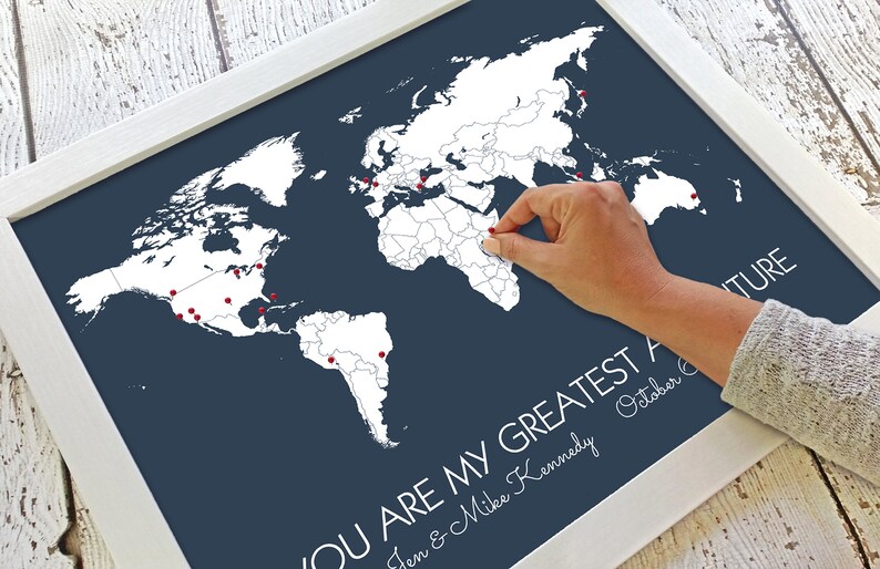 Personalized World Map Poster You Are My Greatest Adventure, Unframed Travel Map Print, Opt. Pins First Wedding Anniversary Gift for Him image 1
