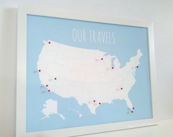 US Map With Pins, United States Push Pin Map for Couples, Wall Art Print, USA Travel Board, 1st Year Paper Anniversary Gift for Newlywed