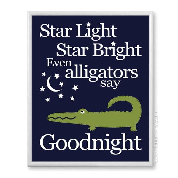 Alligator Nursery Decor, Star Light Star Bright Baby Boy Nursery Art, Goodnight Rhyme Print, Kids Bedtime Wall Art, Navy and Green Nursery
