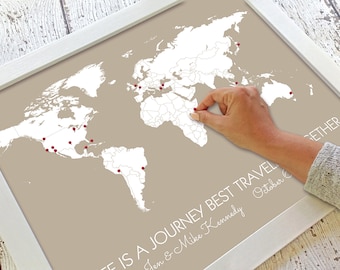 Personalized Travel Themed Wedding Gift for Husband | World Travel Pin Map | First Year Paper Anniversary Gifts for Him | Minimalist Decor