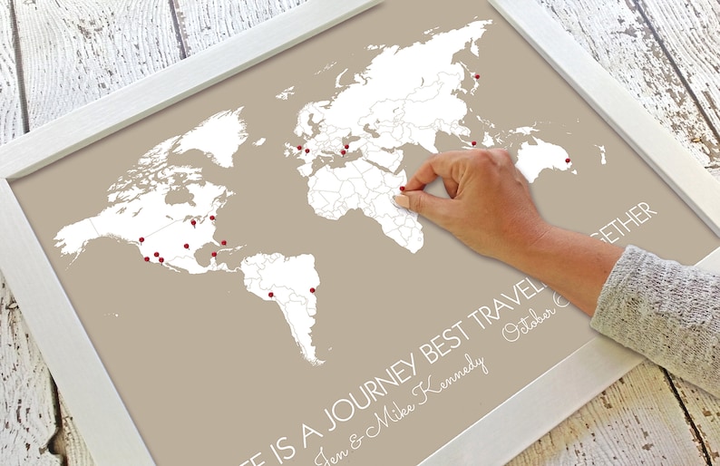 Personalized Travel Themed Wedding Gift for Husband World Travel Pin Map First Year Paper Anniversary Gifts for Him Minimalist Decor image 1