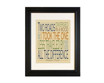 Men's Wall Decor, Road Not Taken Inspirational Quote Print, Graduation Gift, Road Less Traveled Robert Frost Poem, Motivational Print 11x14