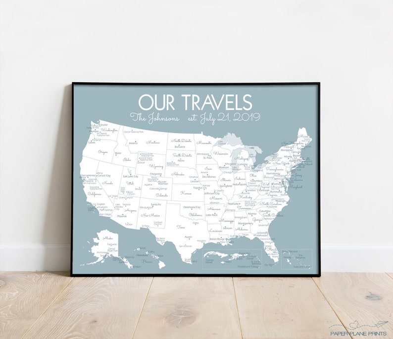 Personalized US Travel Map Print United States Pin Map Where We've Been Map Wedding Gift for Newlyweds First Year Paper Anniversary image 1