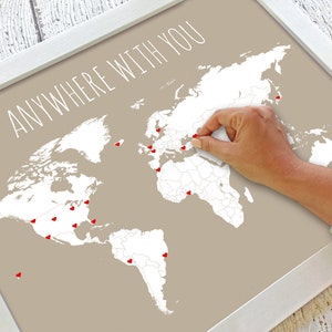 Anywhere With You Travel Decor World Map Husband Gift Anniversary Gift for Him DIY Gift for Boyfriend Travel Map Wife Gift for Her Taupe