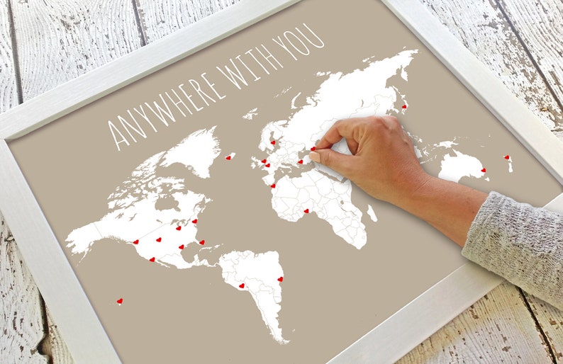 Anywhere With You Travel Decor World Map Husband Gift Anniversary Gift for Him DIY Gift for Boyfriend Travel Map Wife Gift for Her Taupe