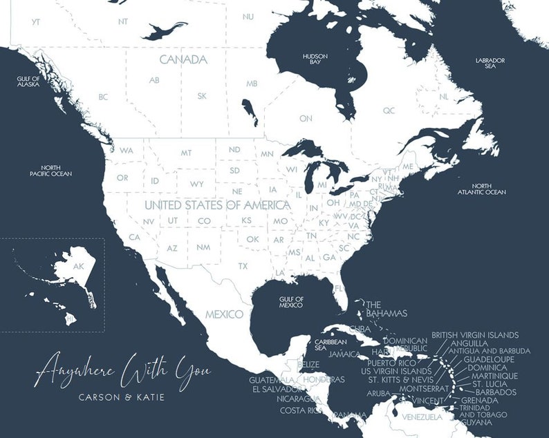 Caribbean Islands, USA States Map North America Travel Map Where We've Been Map World Map with Provinces and States Travel Lover Gift image 1