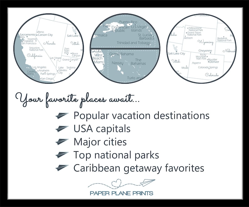Op de afbeelding: Een ingelijste print met drie cirkelvormige kaartsecties, die populaire vakantiebestemmingen, Amerikaanse hoofdsteden, grote steden, nationale parken en Caribische favorieten benadrukken. De tekst "Uw favoriete plaatsen wachten..." staat in cursief.
