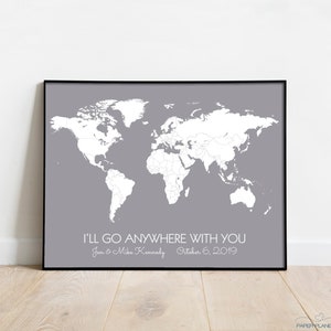 Personalized Travel Themed Wedding Gift for Husband World Travel Pin Map First Year Paper Anniversary Gifts for Him Minimalist Decor Gray/ I’ll go anywh…