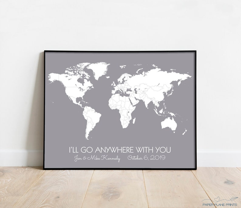 Personalized Travel Themed Wedding Gift for Husband World Travel Pin Map First Year Paper Anniversary Gifts for Him Minimalist Decor Gray/ I’ll go anywh…