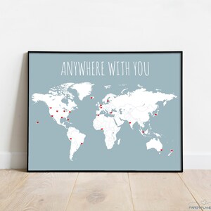 Anywhere With You Travel Decor World Map Husband Gift Anniversary Gift for Him DIY Gift for Boyfriend Travel Map Wife Gift for Her Slate Blue
