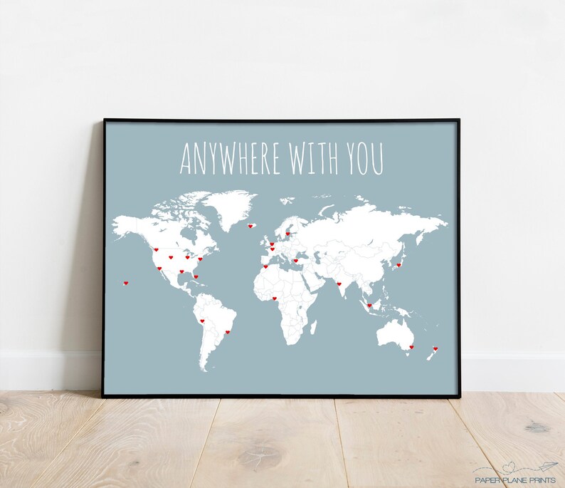 Anywhere With You Travel Decor World Map Husband Gift Anniversary Gift for Him DIY Gift for Boyfriend Travel Map Wife Gift for Her Slate Blue