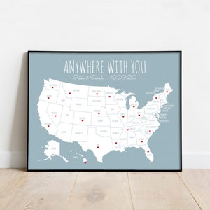 Sentimental Boyfriend Gift US Couples Travel Map Where We've Been United States Map USA Map Travel Board Anywhere With You for Him Slate Blue