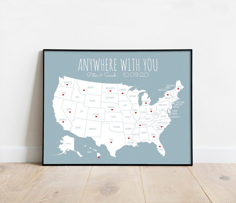 Sentimental Boyfriend Gift US Couples Travel Map Where We've Been United States Map USA Map Travel Board Anywhere With You for Him Slate Blue