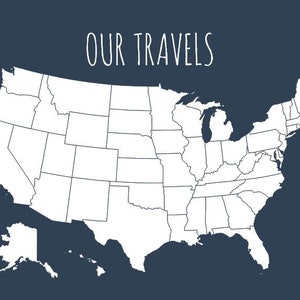 May include: A white map of the United States with state outlines, set against a dark blue background. The words "OUR TRAVELS" are written in a handwritten style at the top of the image. This map is suitable for travel planning or tracking.
