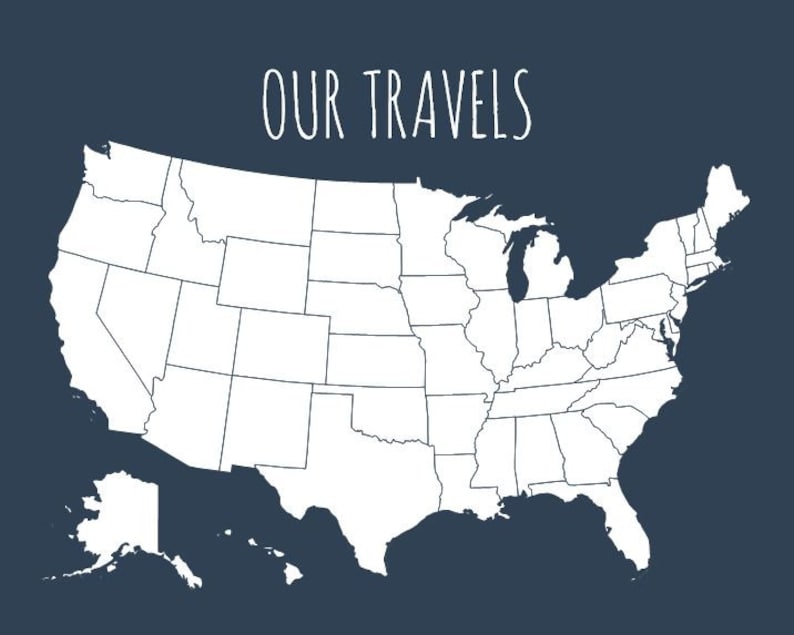 May include: A white map of the United States with state outlines, set against a dark blue background. The words "OUR TRAVELS" are written in a handwritten style at the top of the image. This map is suitable for travel planning or tracking.