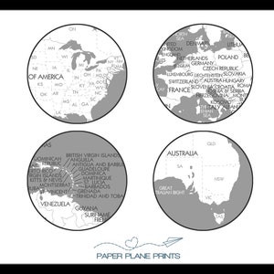 Op de afbeelding: Een set van drie zwart-witte afdrukbare kaarten. De kaarten zijn van de Verenigde Staten, Europa en Australi&euml;. Elke kaart bevindt zich in een cirkel met de naam van het continent of land bovenaan.