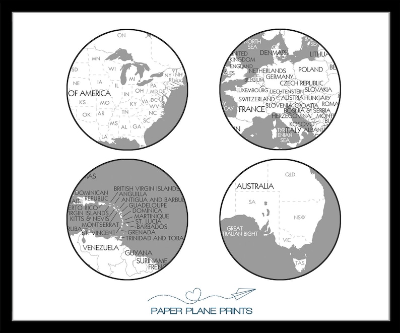 Op de afbeelding: Een set van drie zwart-witte afdrukbare kaarten. De kaarten zijn van de Verenigde Staten, Europa en Australi&euml;. Elke kaart bevindt zich in een cirkel met de naam van het continent of land bovenaan.