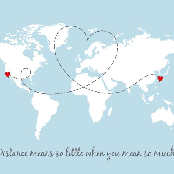 Distance Means So Little Personalized World Map Long Distance Relationship Art Print Custom Gift for Her 11x14 Large 12x16, 16x20 Map Poster