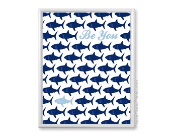 Shark Nursery Print | Kids Shark Wall Art Print | Baby Boys Room Shark Theme Wall Decor | Children's Shark Poster | Navy Blue Picture 11x14