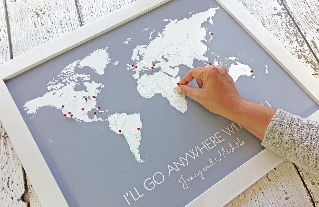 Framed Travel Map Print, Personalized Wedding Gift for Couples Wall Decor | First Anniversary Husband and Wife World Map Poster With Names - SlateBlue/ I’ll go …, White, no pins