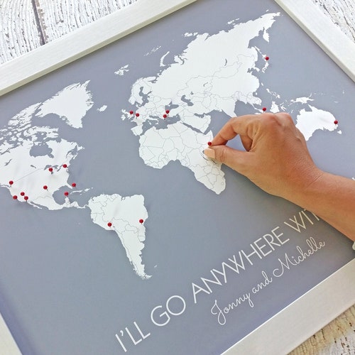 Framed Travel Map Print, Personalized Wedding Gift for Couples Wall Decor | First Anniversary Husband and Wife World Map Poster With Names