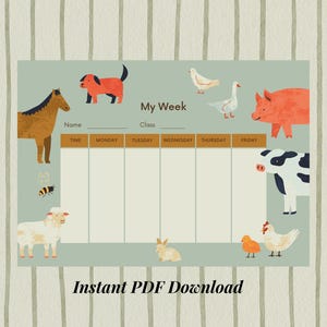 Könnte beinhalten: Eine Wochenplaner-Vorlage mit dem Text My Week, Name, Class, Time, Monday, Tuesday, Wednesday, Thursday, Friday. Das Design enthält Illustrationen von einem Pferd, Hund, Vogel, Schwein, Kuh, Biene, Schaf, Kaninchen, Küken und Huhn.
