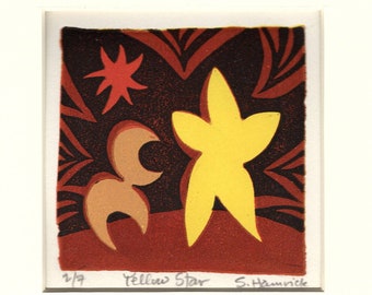 Yellow Star reduction linocut