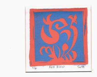Red Bird reduction linocut