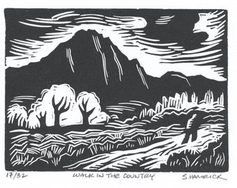 Linocut 'Walk in the Country' original hand pulled print from an edition of 32 prints.