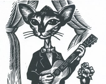 Kitty in the Parlor linocut