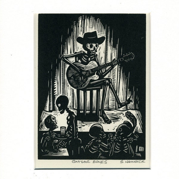 Skeleton Guitar Bones Card matted and ready to frame
