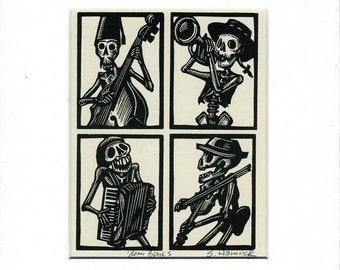 Skeleton Calavera Greeting Card 'dem Bones. Matted and ready to frame.