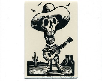 Skeleton Cowboy Cowpoke Card matted and ready to frame