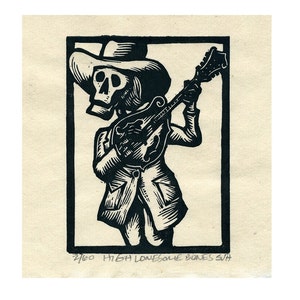 Skeleton Calavera High Lonesome Bones Linocut