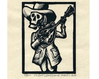 Skeleton Calavera High Lonesome Bones Linocut