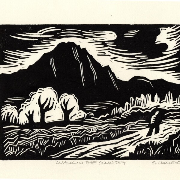 Linocut 'Walk in the Country' original hand pulled print on 100% rag paper.