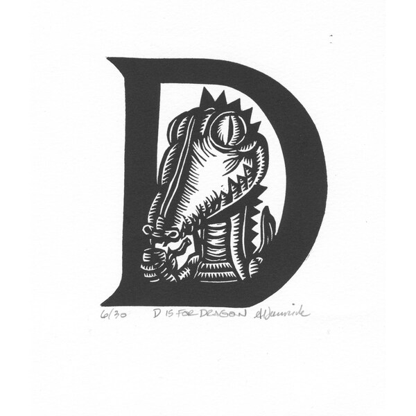 Linocut 'D is for Dragon' Original print