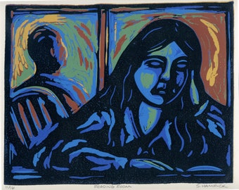 Linocut 'Reading Room' Original hand pulled Color reduction linocut