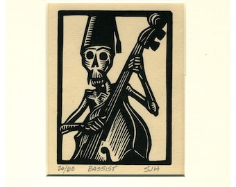 Skeleton Bassist Calavera original linocut