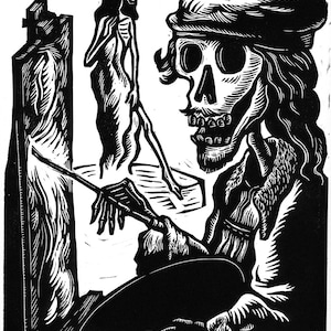 Skeleton Calavera "The Artist" Original Linocut