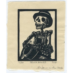 Skeleton Calavera Delta Bones original linocut