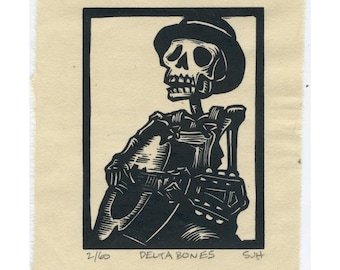 Skeleton Calavera Delta Bones original linocut