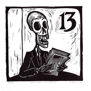 Skeleton Linolschnitt &#39;And Now The News!&#39;