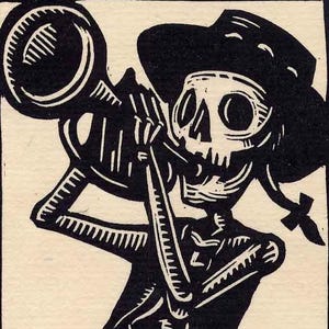 Skeleton Calavera  Trumpeter original linocut print