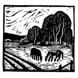 Linocut &#39;Horses in a Field&#39;