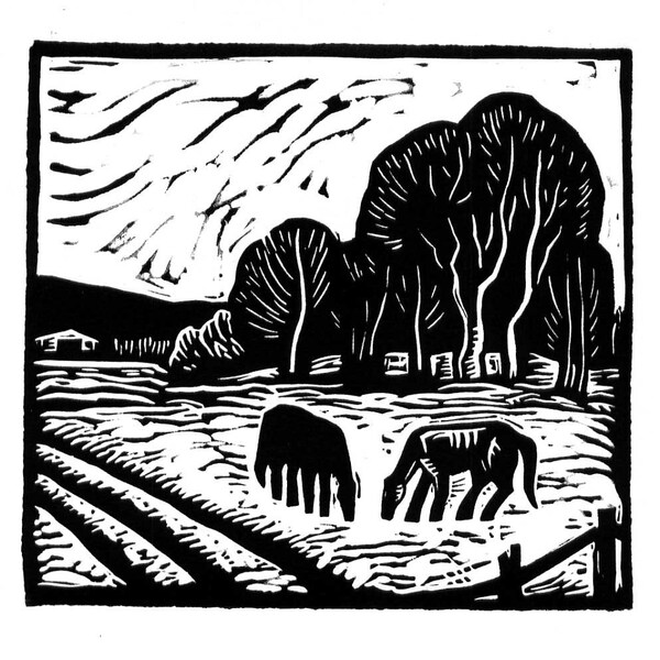 Linocut 'Horses in a Field'
