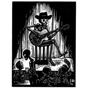 Linocut skeleton &#39;Guitar Bones&#39; Original Print